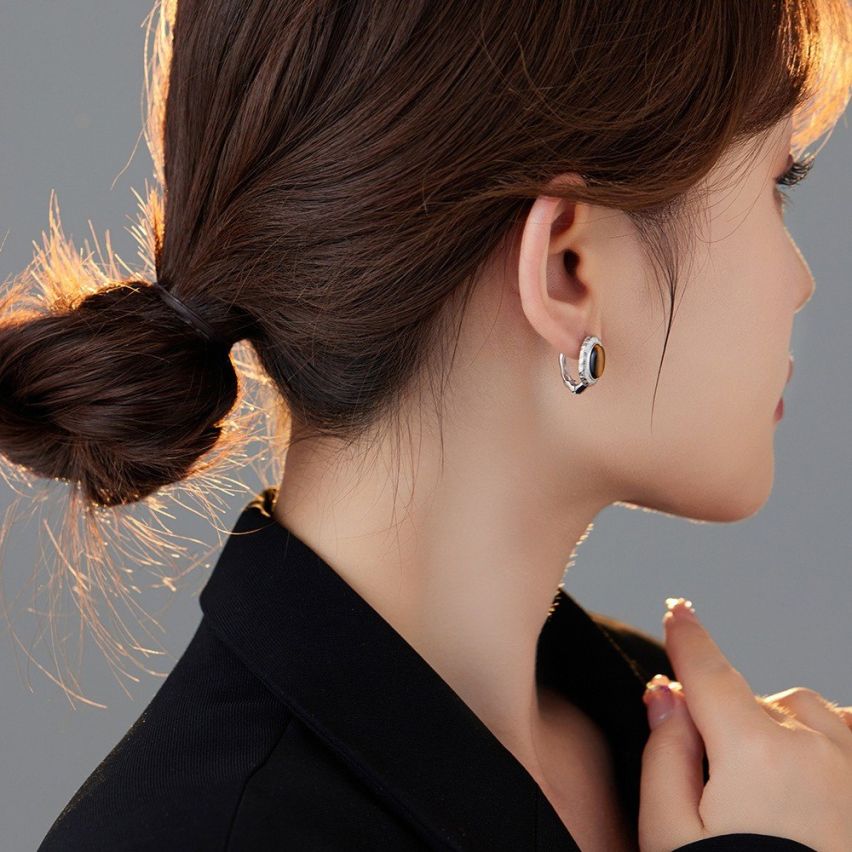 BOHEMIAN 925 Silver Tiger Eyes Geometric Earrings