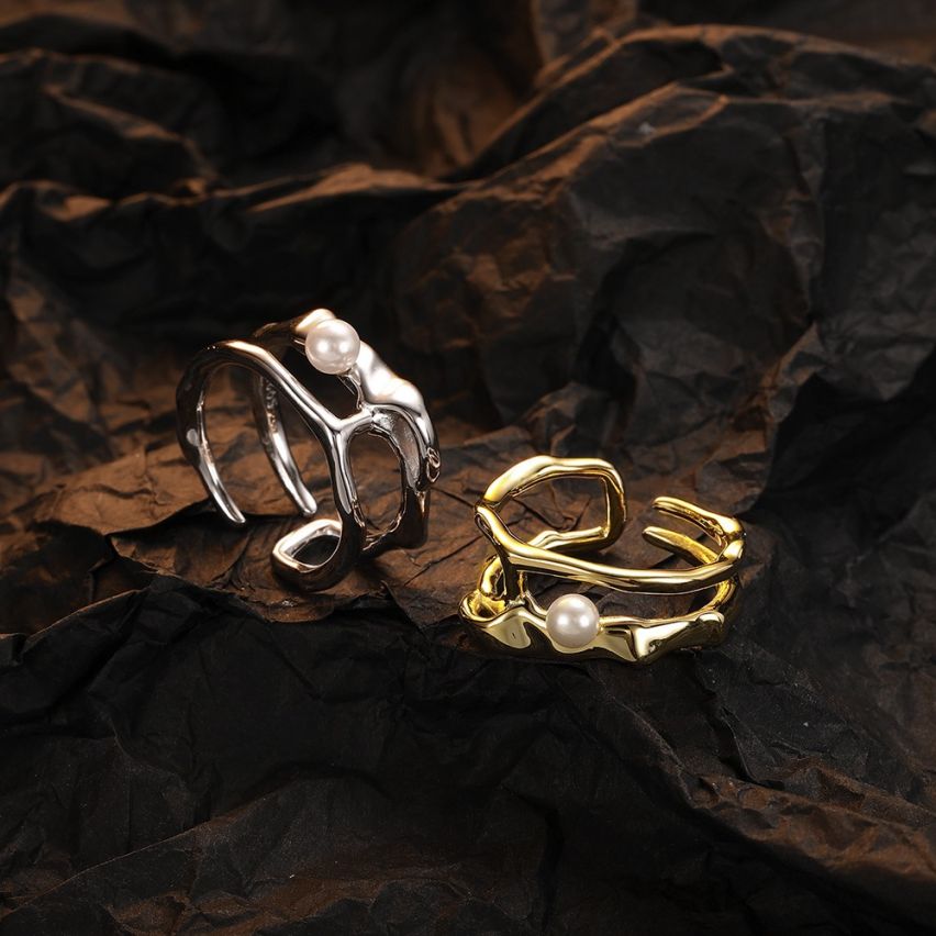 ESSENTIAL 925 Silver Freshwater pearl Geometric Rings