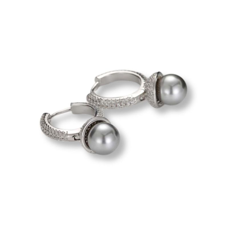 925 Silver Rhodium Plating Grey Shell Bead Pearls Earrings 3.2g
