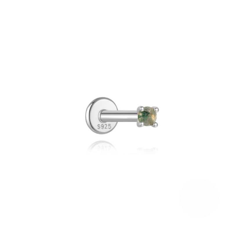 925 Silver New Rhodium Plating Olive green Agate Stud Earrings 0.27g