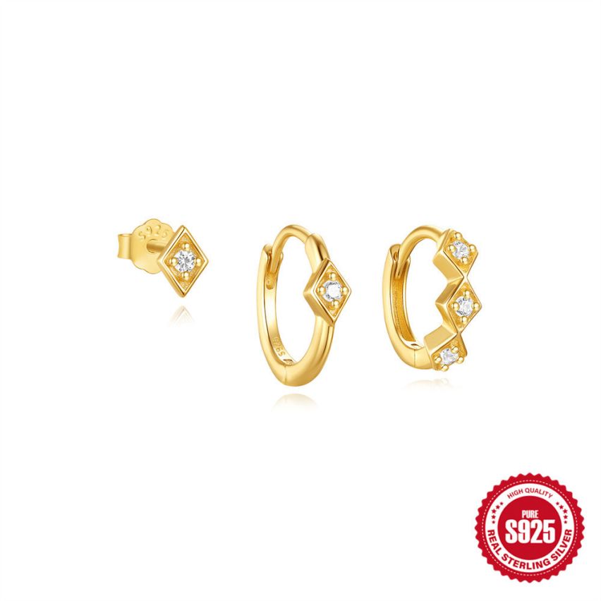 925 Silver Gold Plating Zircon Sets Earrings 1.62g 9x5mm