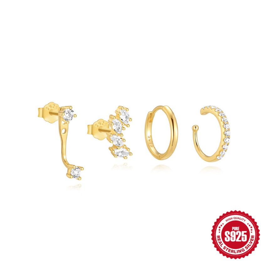 925 Silver 3 galvanization layers Gold Plating Zircon Piercing Earrings 1.9g