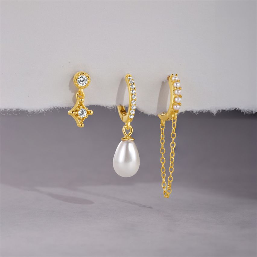 925 Silver Gold Plating Zircon Sets Earrings 2.04g 36x8mm