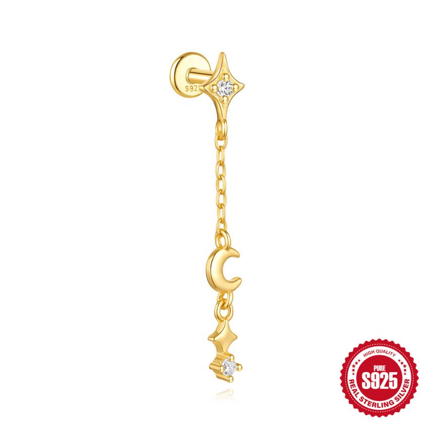 925 Silver 3 galvanization layers Gold Plating Zircon Piercing Earrings 0.46g