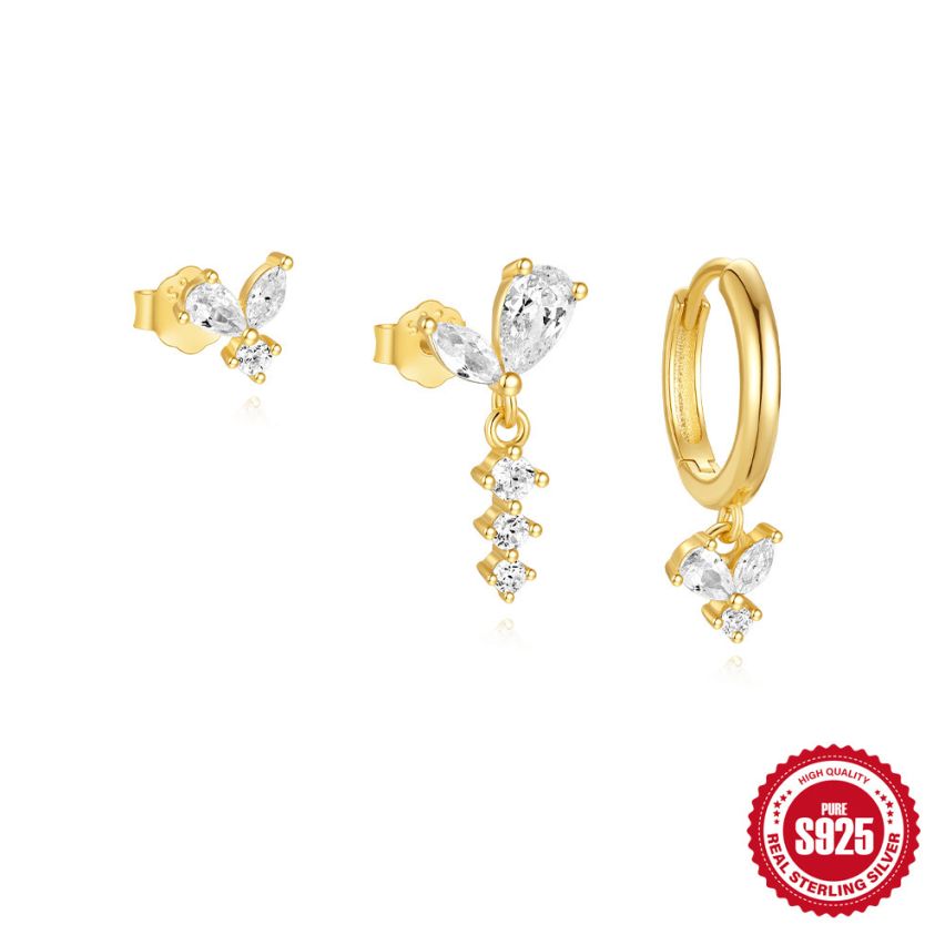 925 Silver 3 galvanization layers Gold Plating Zircon Sets Earrings 1.6g