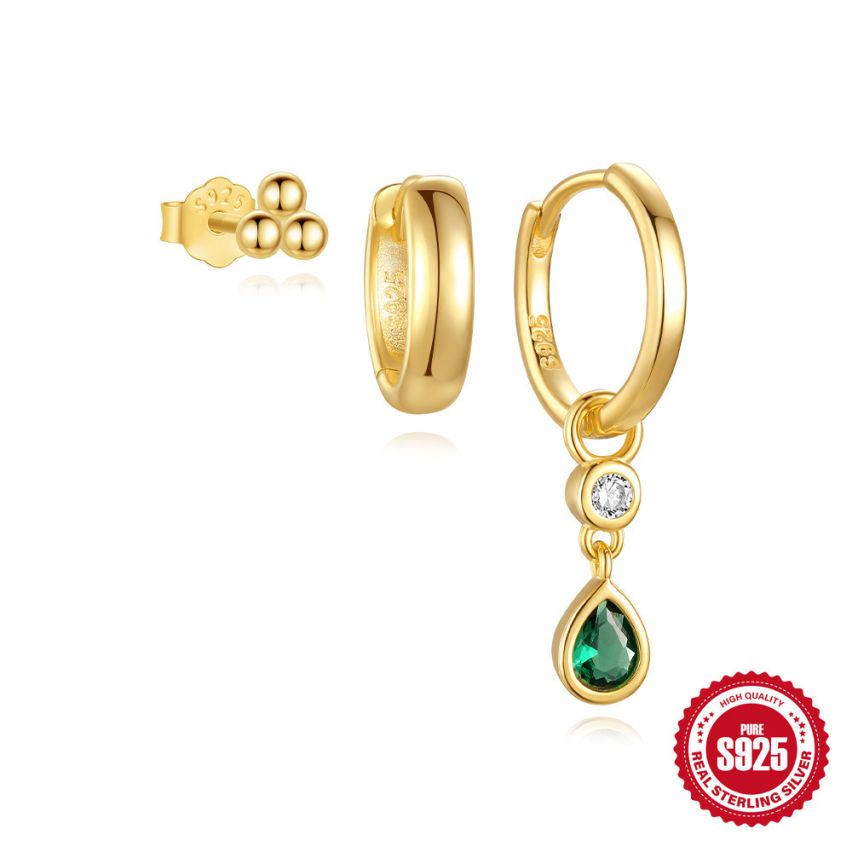 925 Silver Gold Plating Green Zircon Sets Earrings 1.82g