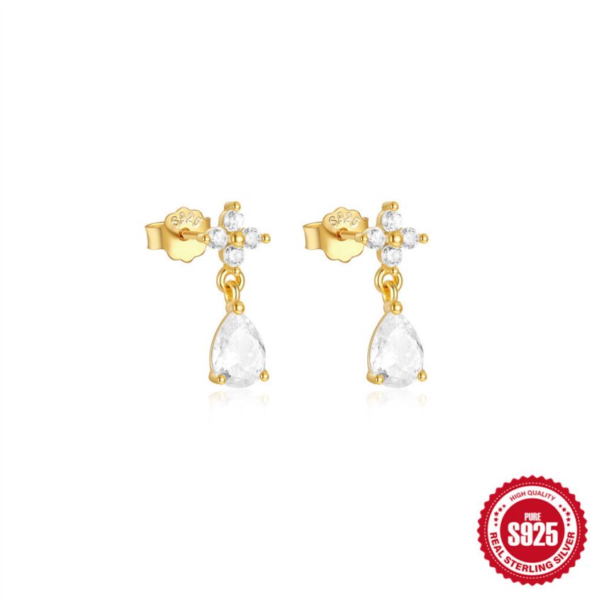 925 Silver 3 galvanization layers Gold Plating Zircon Minimalist Earrings 1.16g