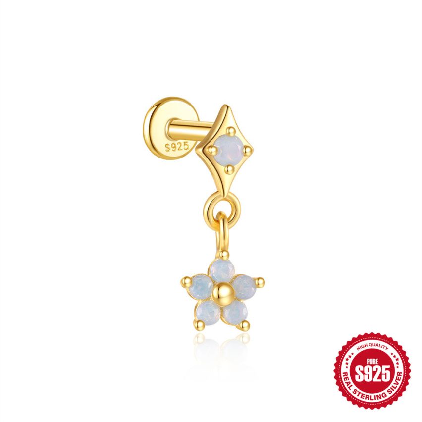 925 Silver 3 galvanization layers Opal Piercing Earrings 0.58g 13.6x4mm