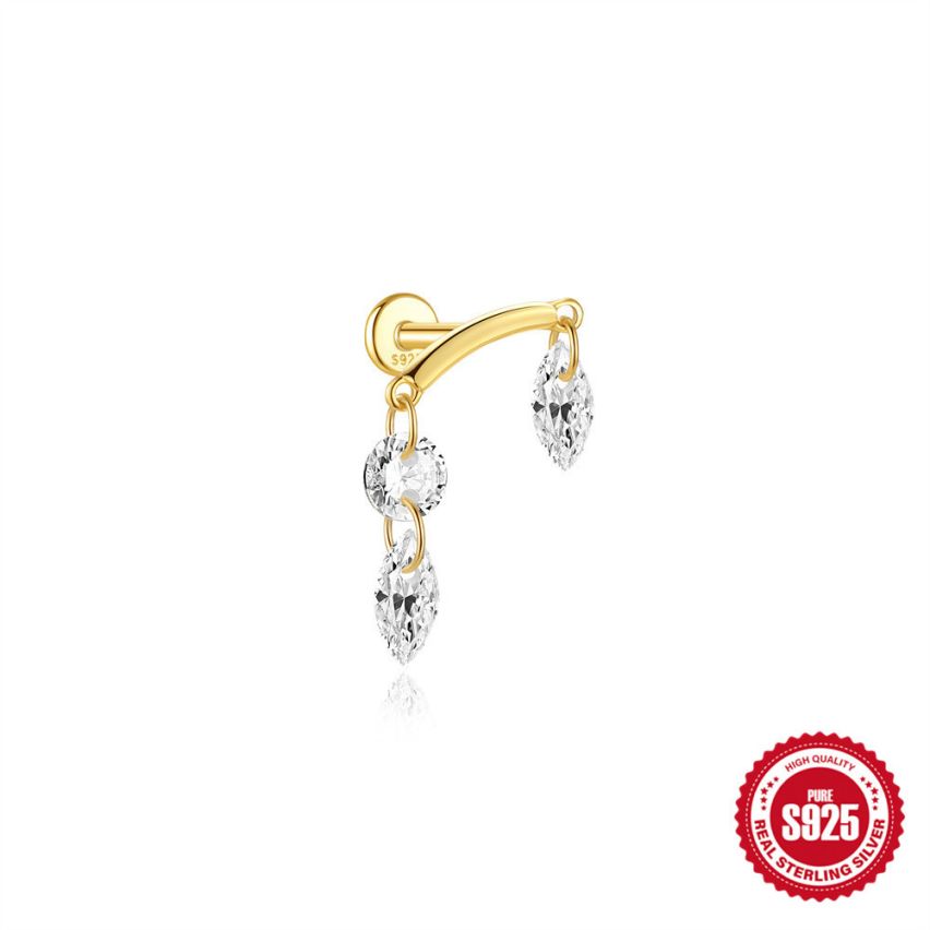 925 Silver 3 galvanization layers Zircon Piercing Earrings 0.48g 13x1mm