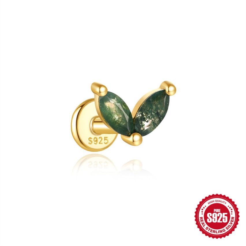 925 Silver 3 galvanization layers Agate Piercing Earrings 0.36g 6.2x4.6mm