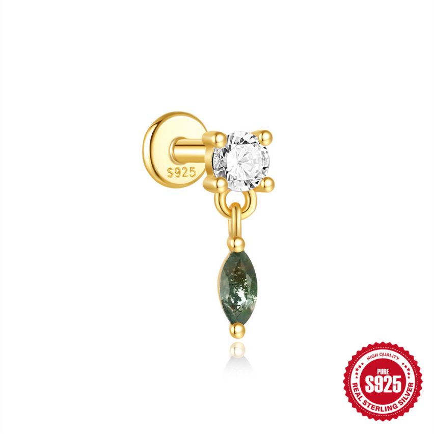 925 Silver 3 galvanization layers Agate Piercing Earrings 0.46g 10.5x3mm