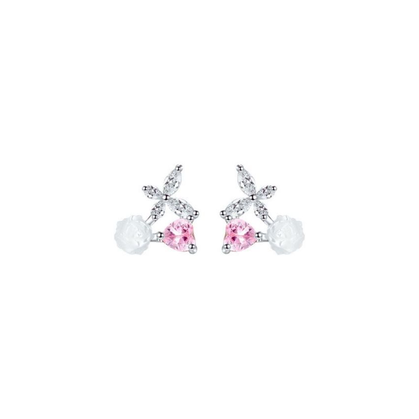 999 Silver Rhodium Plating Pink Zircon Minimalist Earrings 1.8g 13x12mm