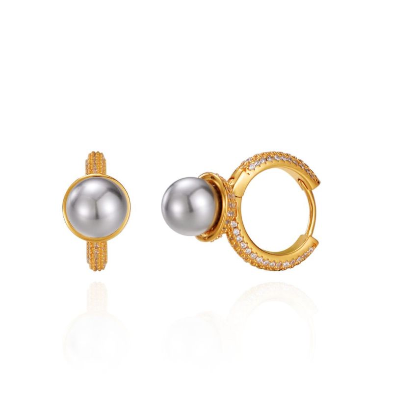 925 Silver Gold Plating Grey Shell Bead Pearls Earrings 3.2g