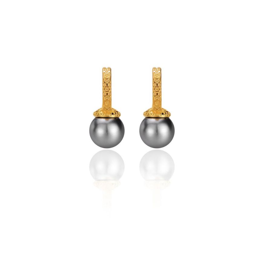 CLASSIC Gold Plating 925 Silver Grey Shell Bead Pearls Earrings 3.3g 