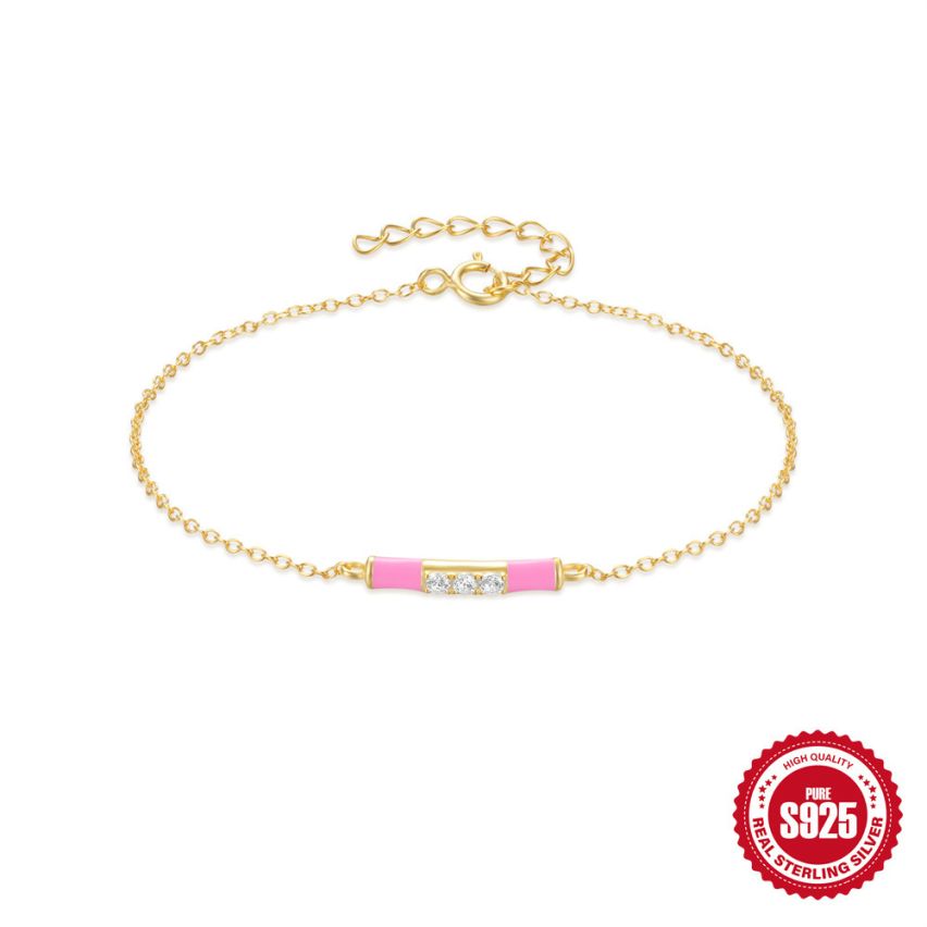 ESSENTIAL 3 galvanization layers 925 Silver Pink Enamel Minimalist Bracelets 1.25g 