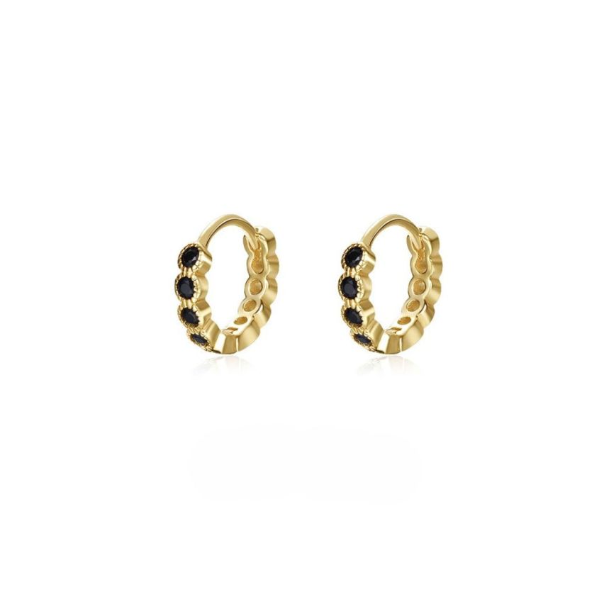 925 Silver Gold Plating Black Zircon Hoop Earrings