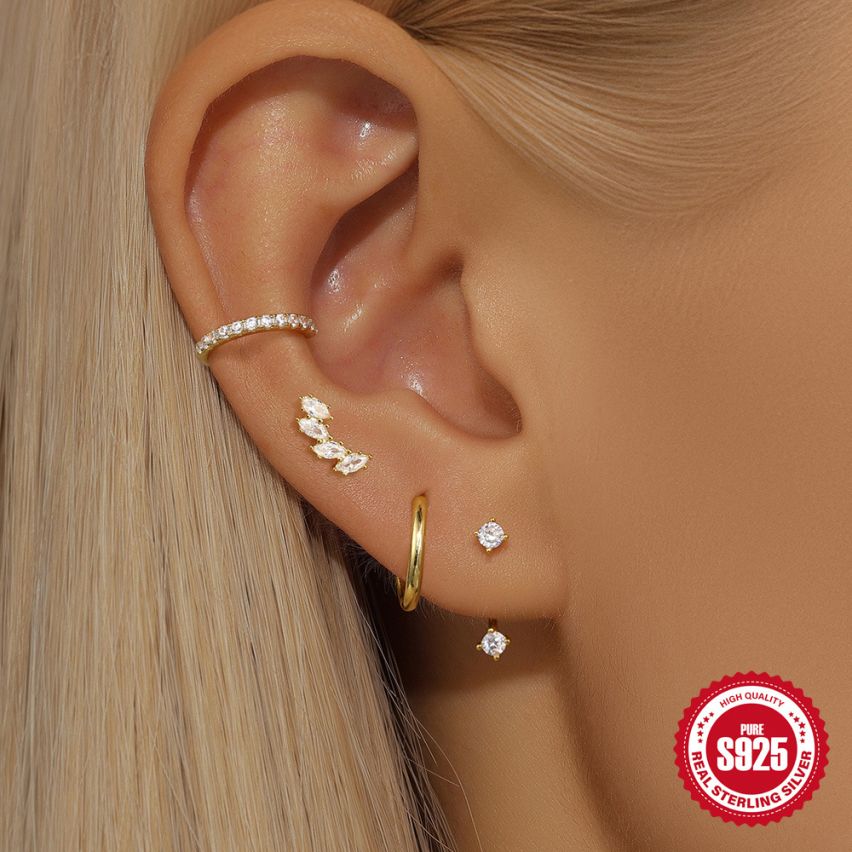 925 Silver 3 galvanization layers Gold Plating Zircon Piercing Earrings