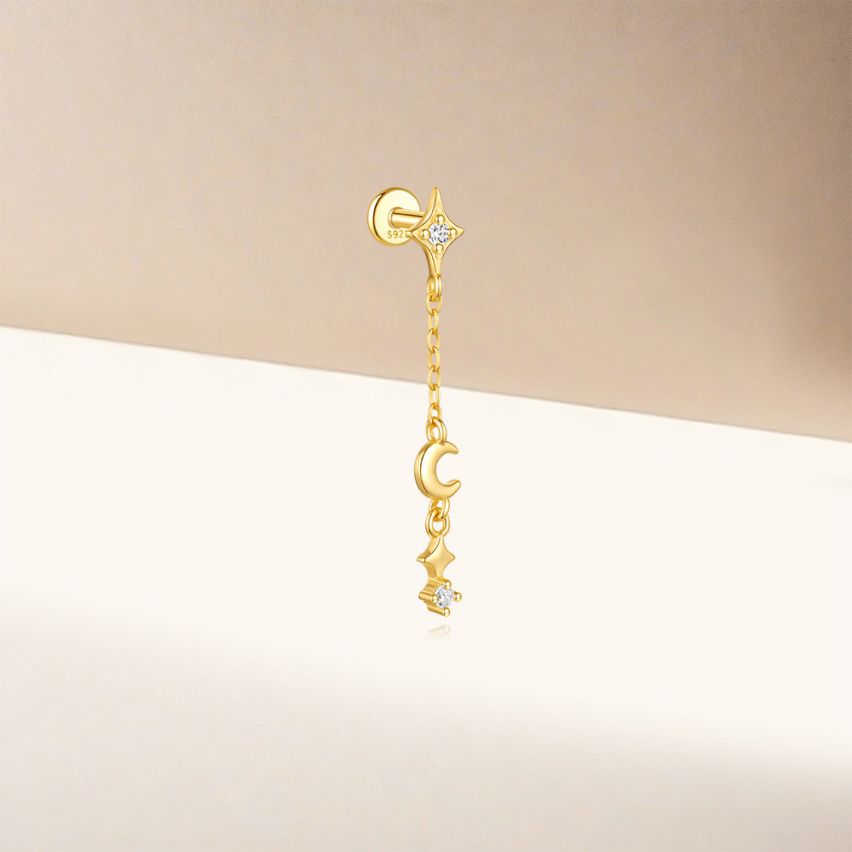 925 Silver 3 galvanization layers Gold Plating Zircon Piercing Earrings