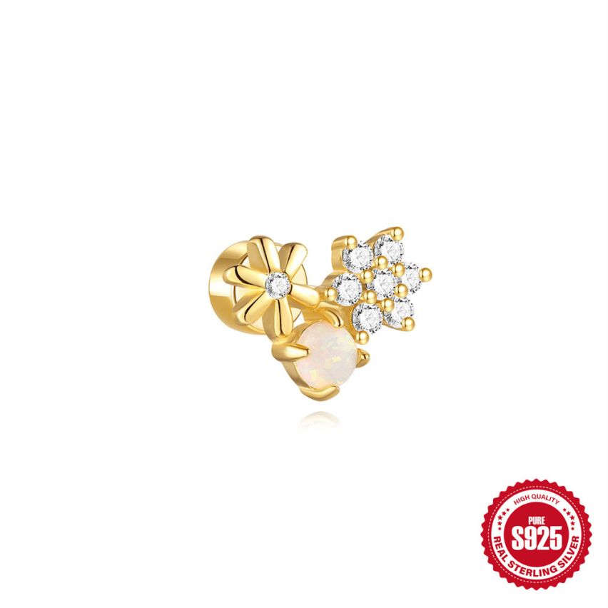 925 Silver 3 galvanization layers Opal Piercing Earrings 0.85g 9.9x7.4mm