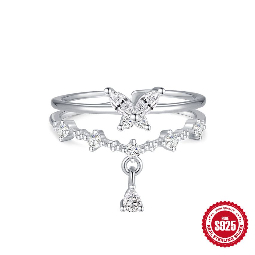 925 Silver 3 galvanization layers Rhodium Plating Zircon Minimalist Rings 2.02g 17.5x15mm