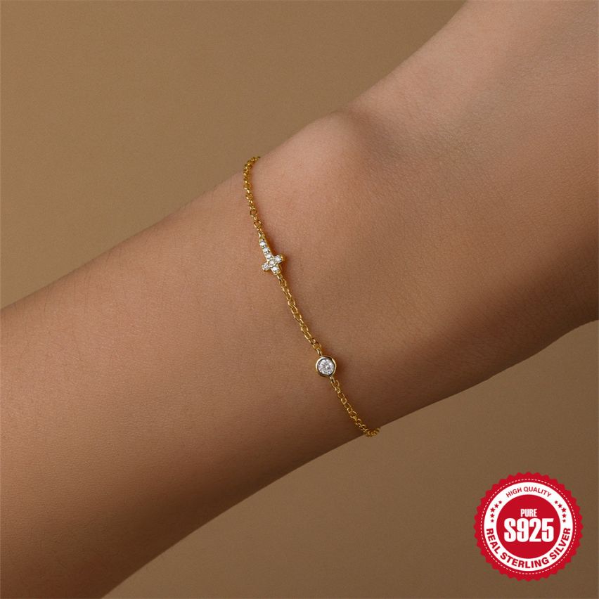 ESSENTIAL 3 galvanization layers 925 Silver Zircon Cross Bracelets 0.7g 200x9mm