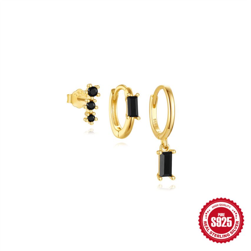 925 Silver Set 3 galvanization layers Black Zircon Sets Earrings 1.36g