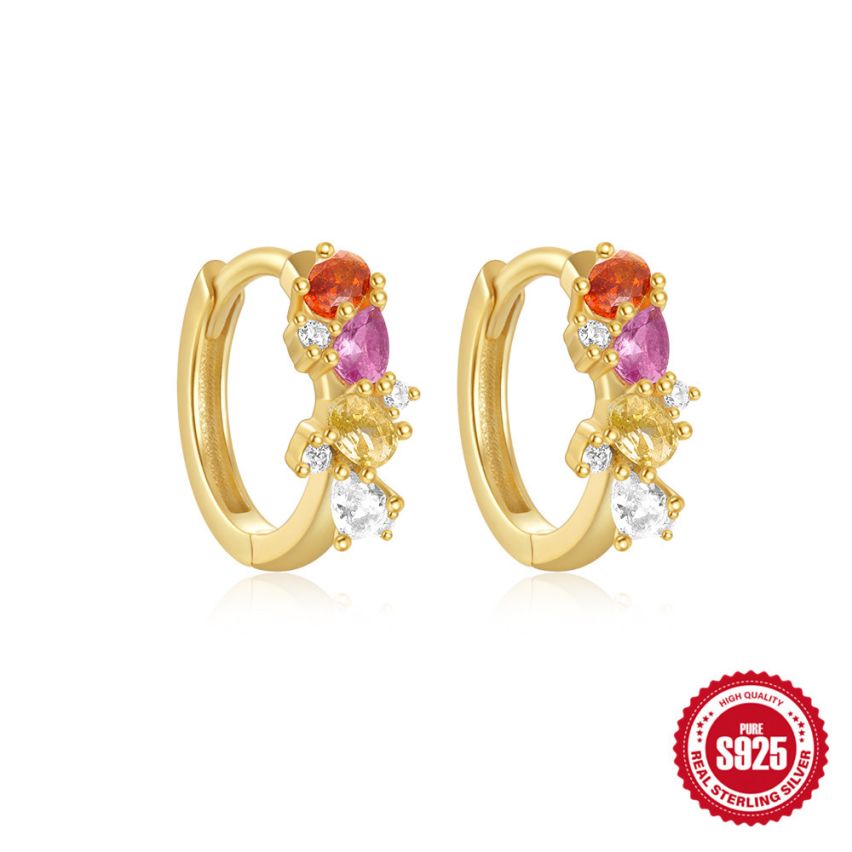 925 Silver 3 galvanization layers Colorfull Zircon Minimalist Earrings 1.73g 9x4.5mm