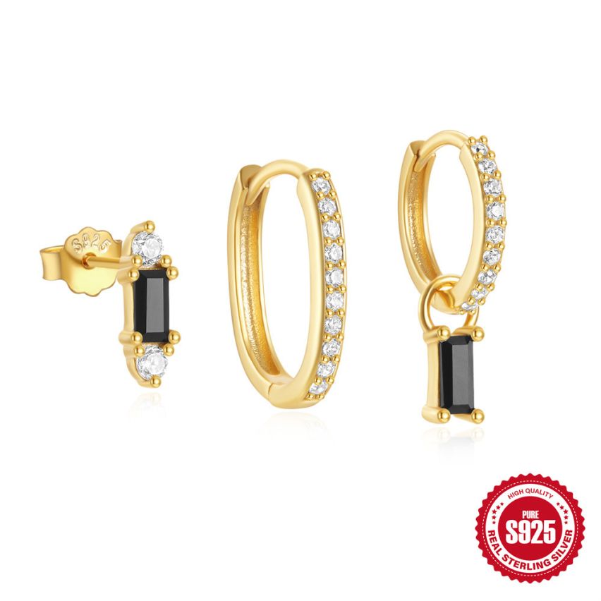 925 Silver 3 galvanization layers Black Zircon Sets Earrings 2.13g