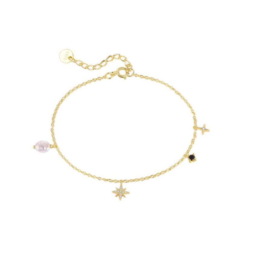 925 Silver Gold Plating Black Zircon Pearls Bracelets