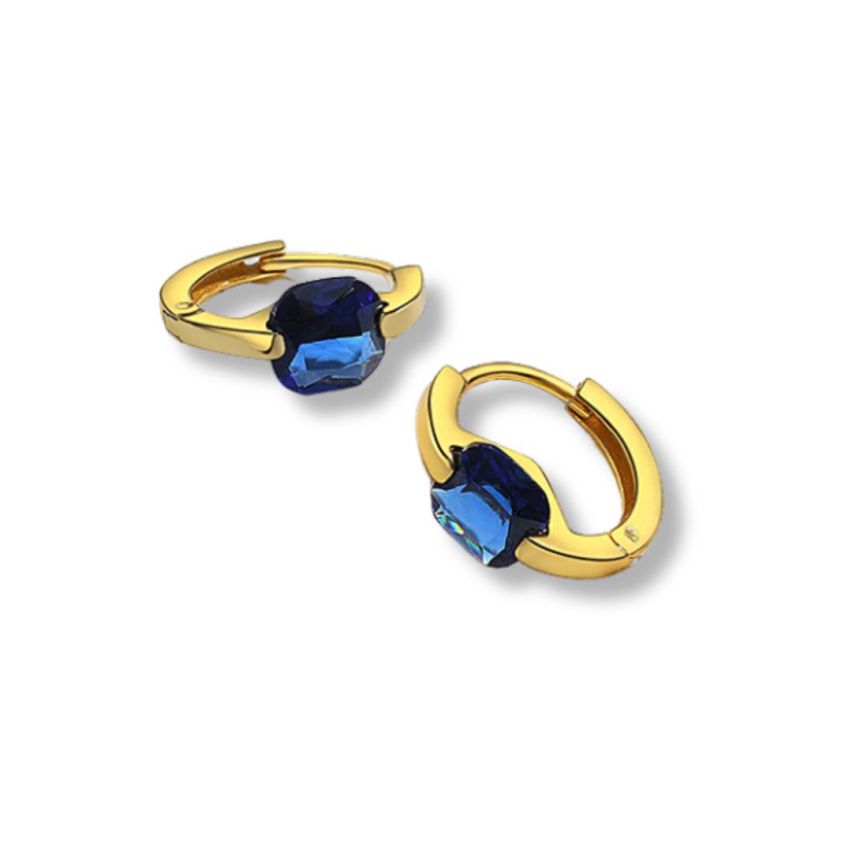 925 Silver Gold Plating Blue Zircon Hoop Earrings 1.9g 13x6mm