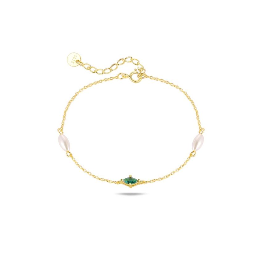 925 Silver Gold Plating Green Zircon Pearls Bracelets