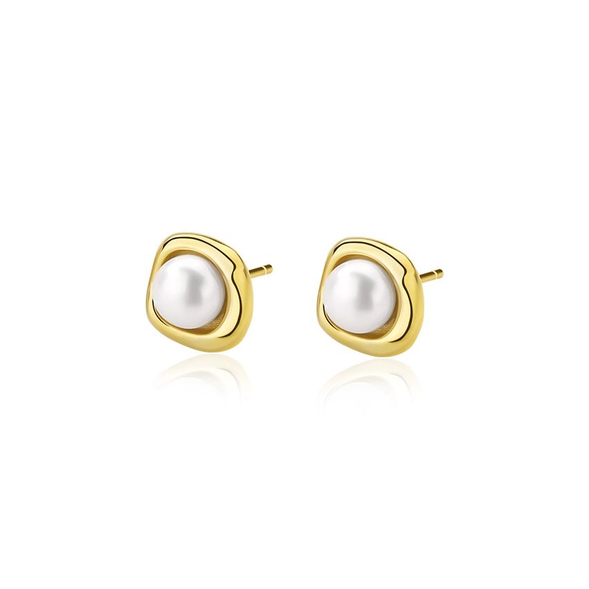 925 Silver Gold Plating Pearls Earrings 2.5g 9.5x9.5mm