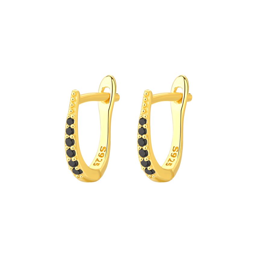 925 Silver Gold Plating Black Zircon Hoop Earrings 0.92g - 2mm