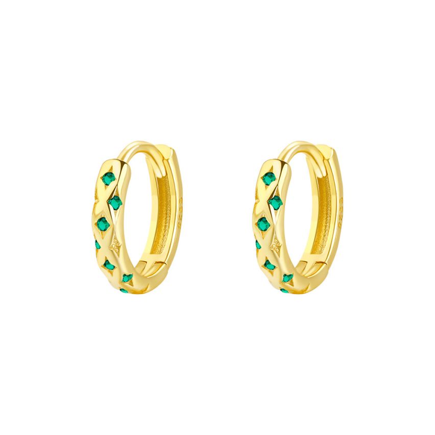 925 Silver Gold Plating Green Zircon Hoop Earrings 1.35g 11x2mm