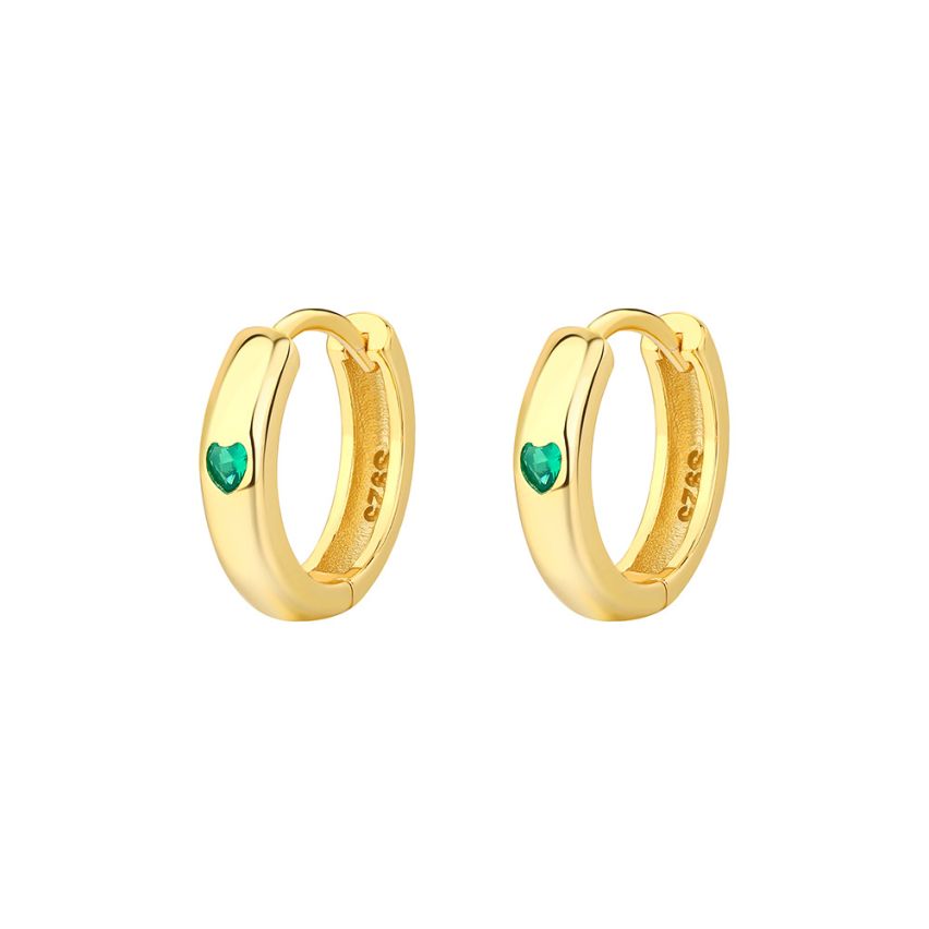 925 Silver Gold Plating Green Zircon Hoop Earrings 2.01g 12.5x3mm