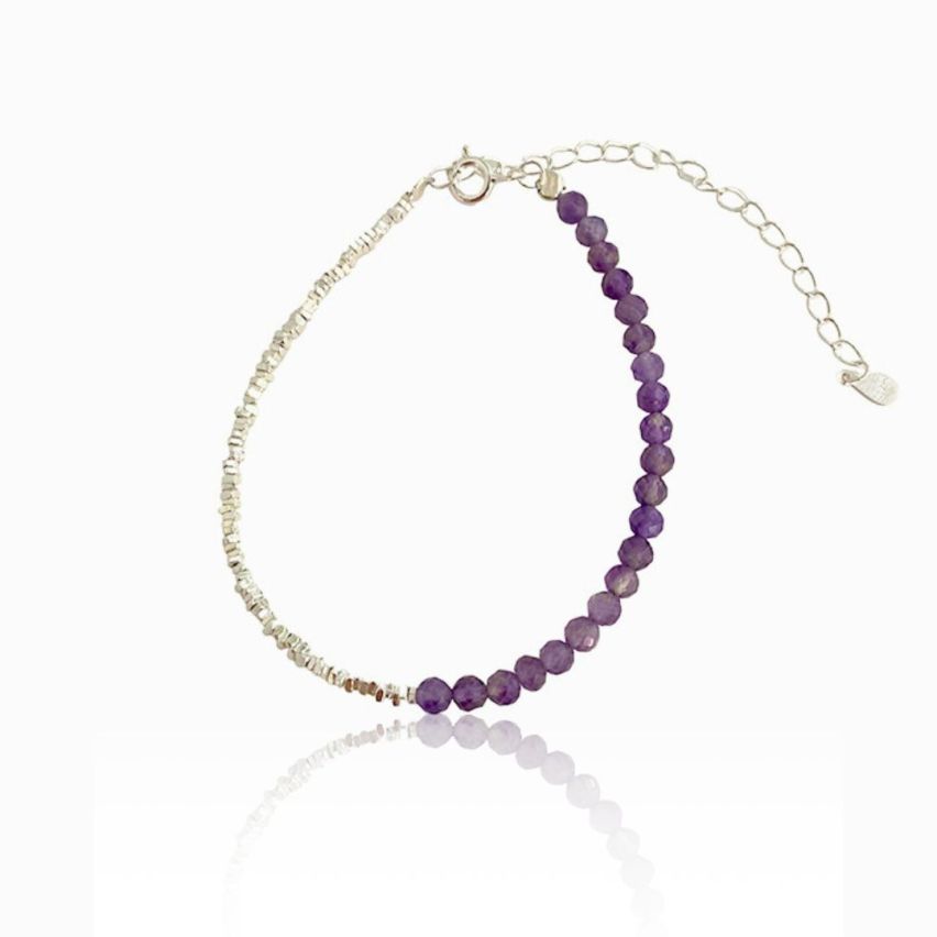 925 Silver Rhodium Plating Amethyst Beads Bracelets 2.60g