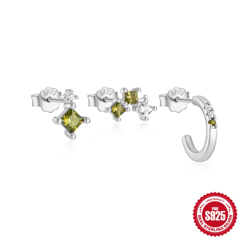 925 Silver Rhodium Plating Olive green Zircon Sets Earrings 1.2g