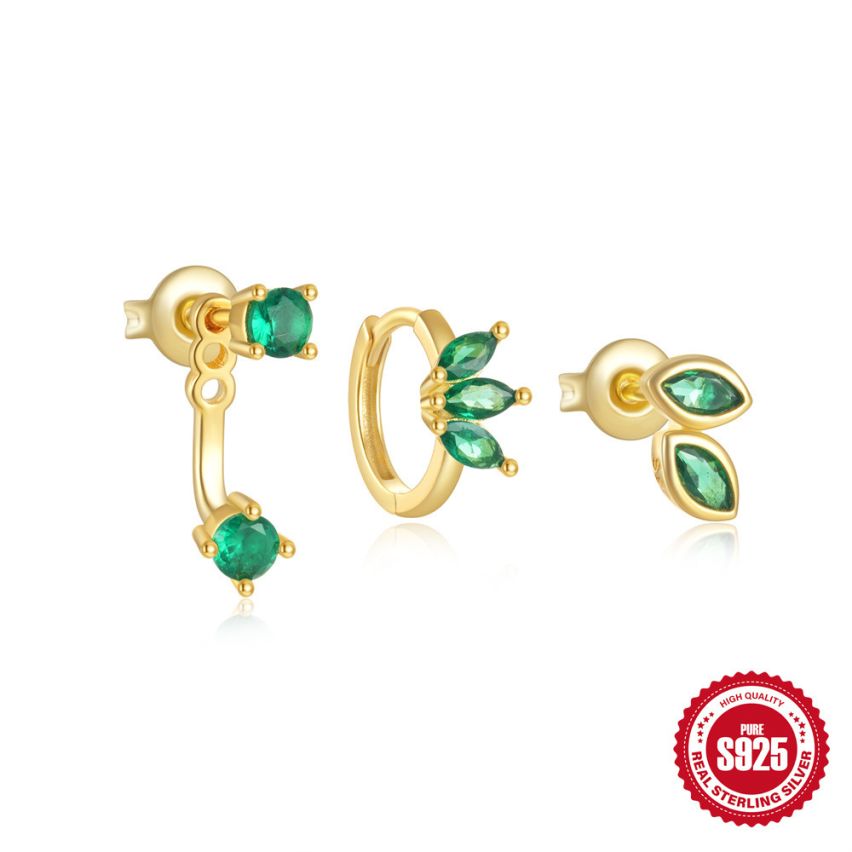925 Silver Gold Plating Green Zircon Sets Earrings 1.4g