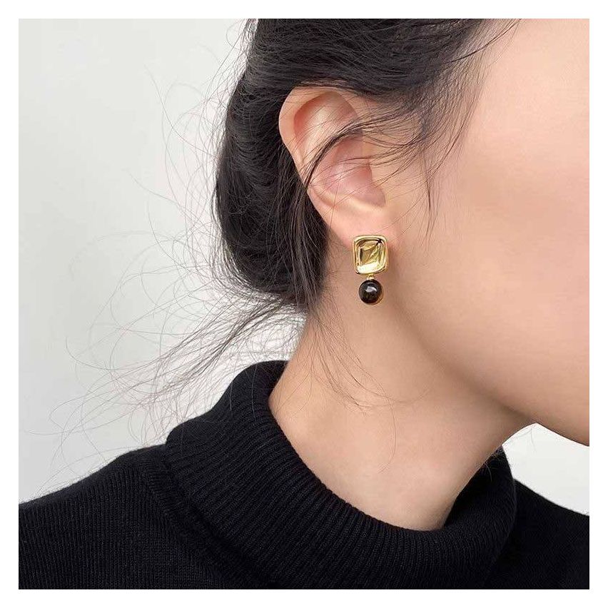 ESSENTIAL Gold Plating 925 Silver Tiger Eyes Smooth Earrings