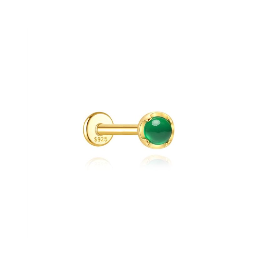 925 Silver New Gold Plating Green Natural Stone Stud Earrings 0.36g