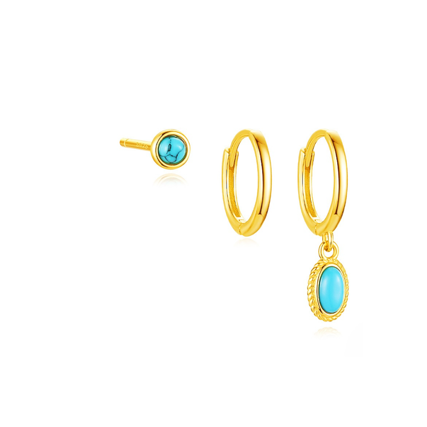 925 Silver Gold Plating Lake blue Zircon Sets Earrings 1.5g