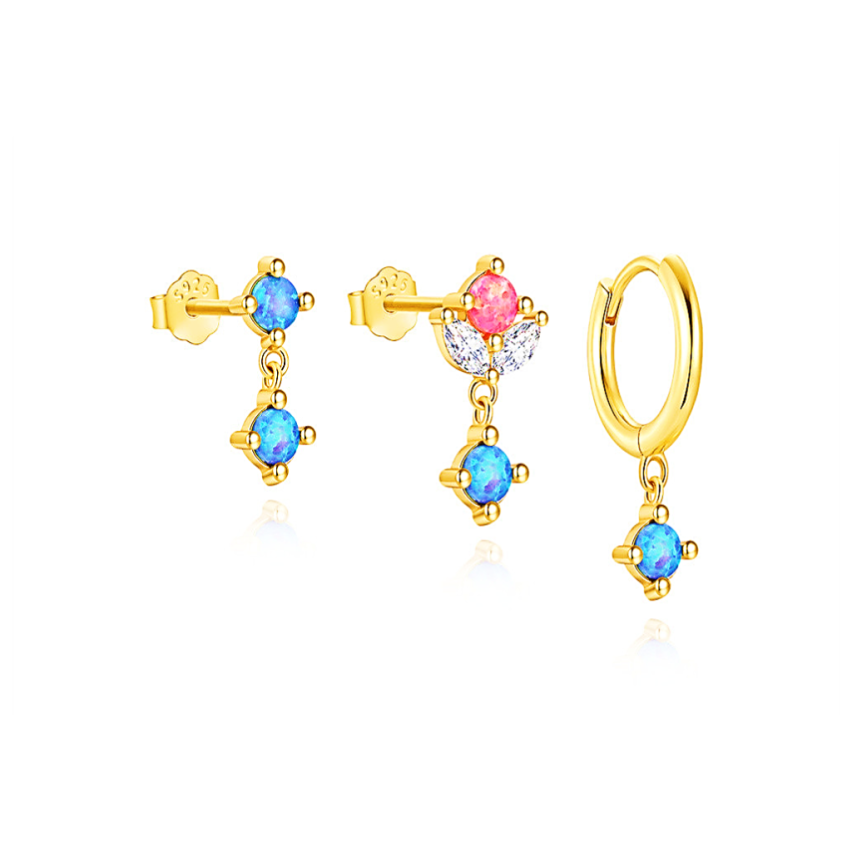925 Silver Gold Plating Lake blue Zircon Sets Earrings