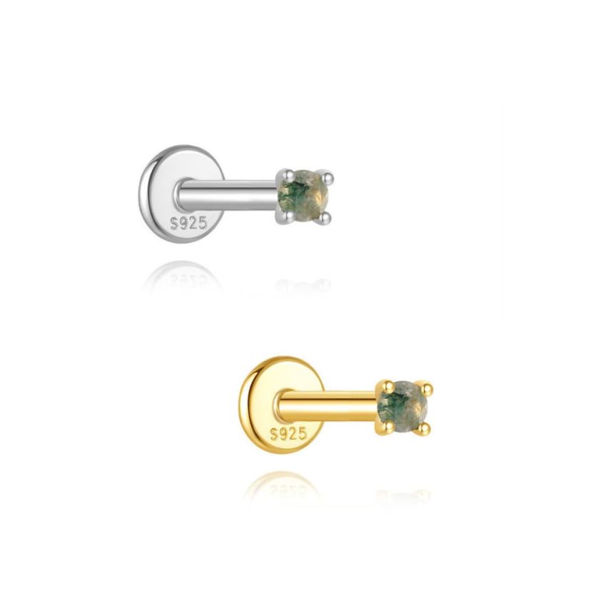 925 Silver New Gold Plating Olive green Agate Stud Earrings 0.27g