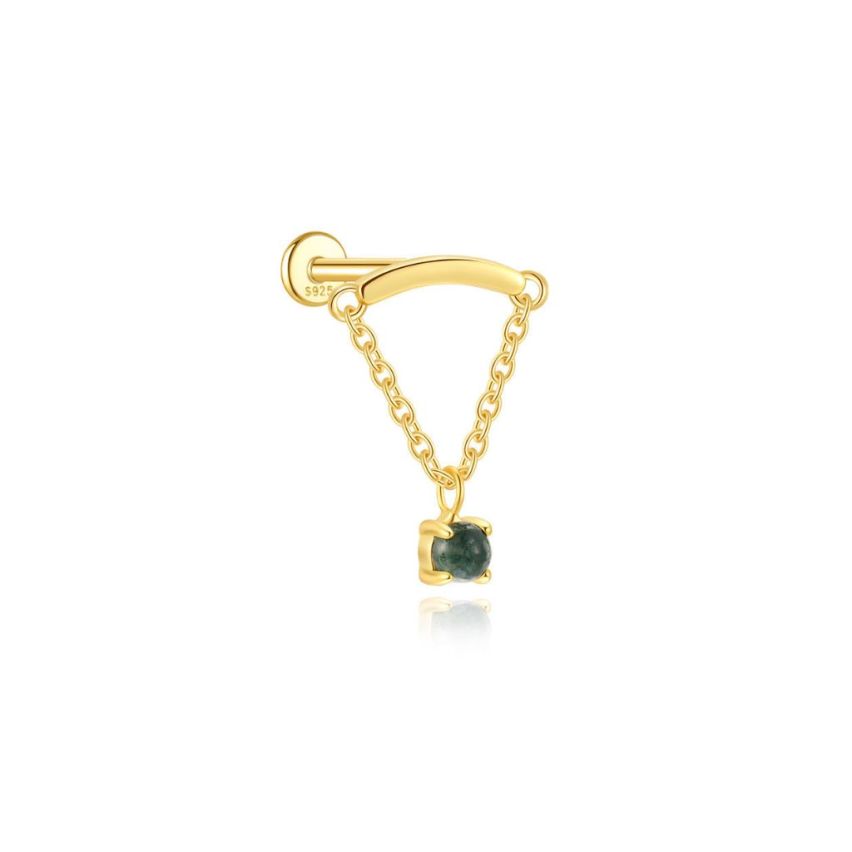 925 Silver New Gold Plating Olive green Agate Stud Earrings 0.55g