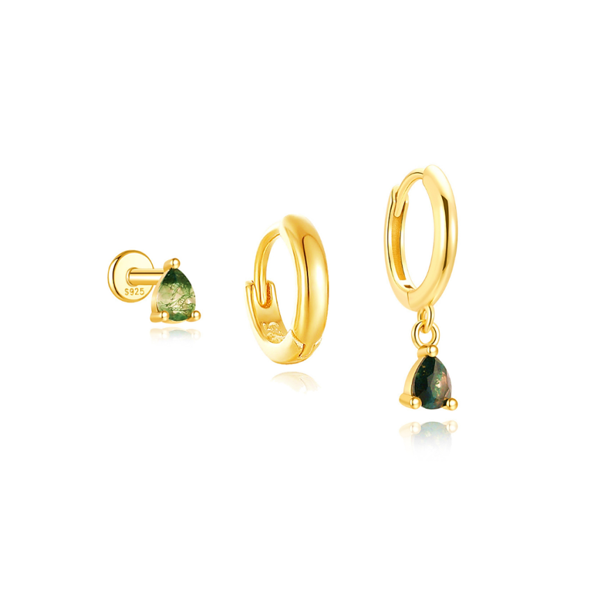 925 Silver Gold Plating Olive green Zircon Sets Earrings 1.5g