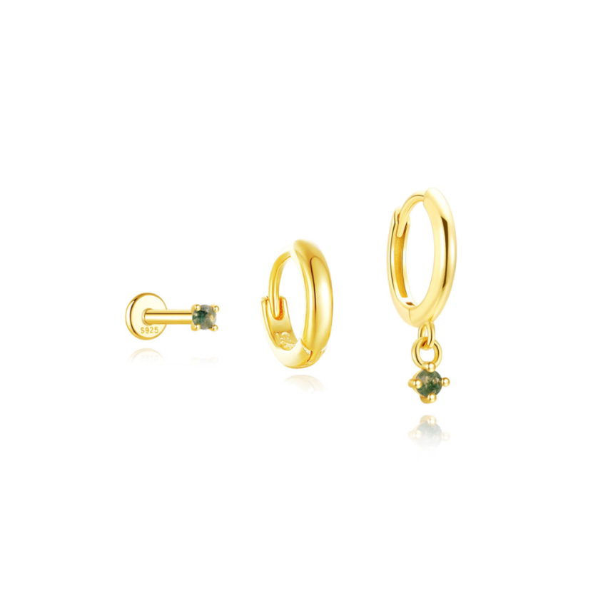 925 Silver Gold Plating Olive green Zircon Sets Earrings 1.4g