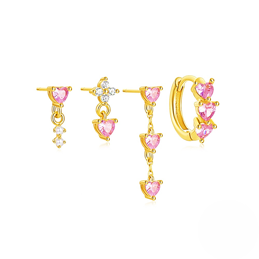 925 Silver Gold Plating Pink Zircon Sets Earrings 1.86g