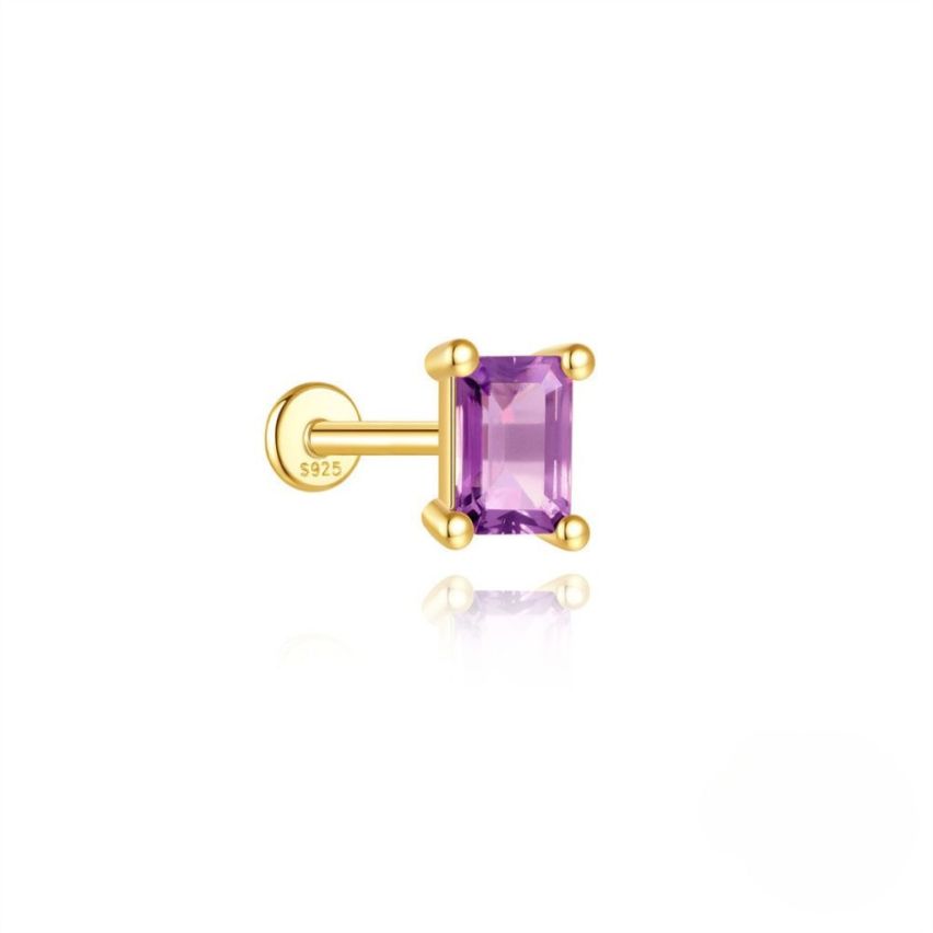 925 Silver New Gold Plating Purple Zircon Stud Earrings 0.7g