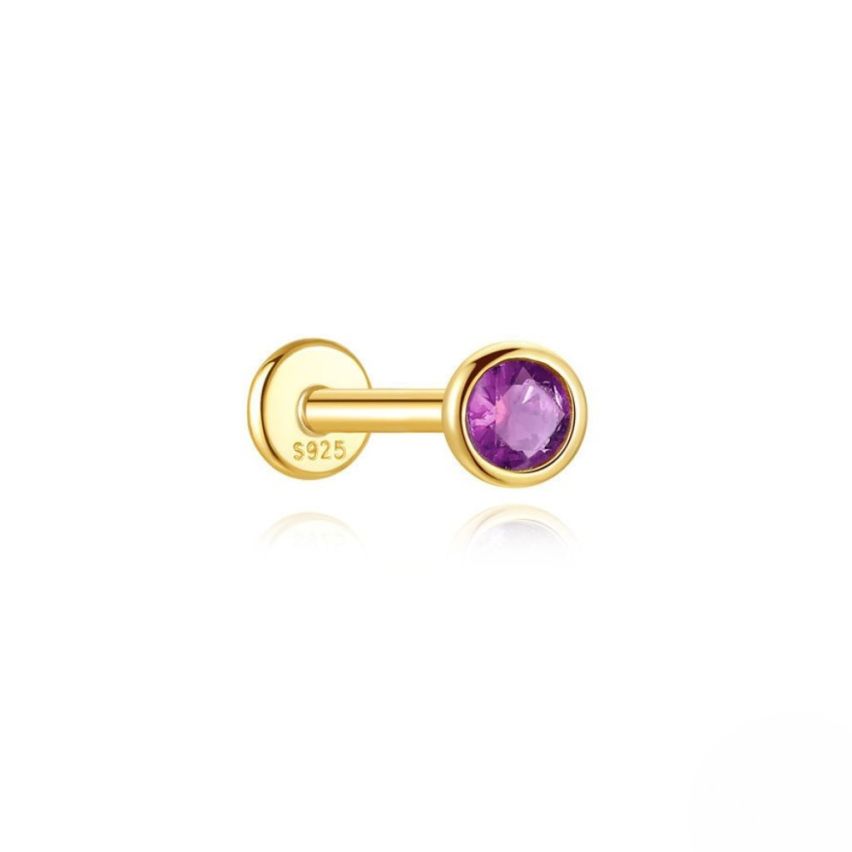 925 Silver New Gold Plating Purple Zircon Stud Earrings 0.5g