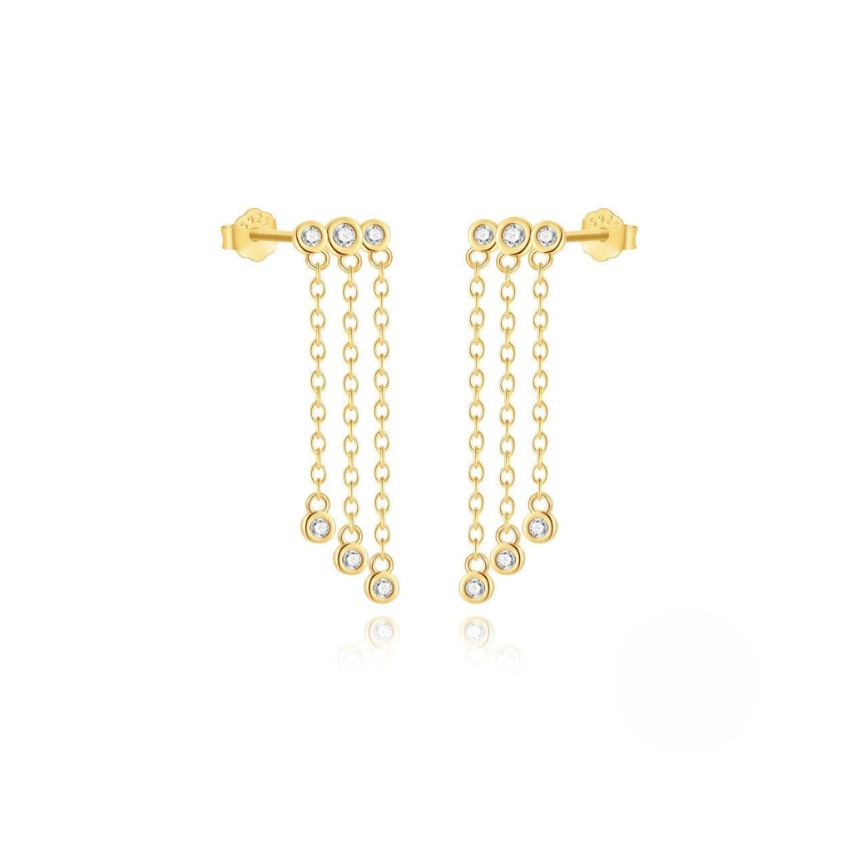 925 Silver Gold Plating Zircon Long Earrings 1.32g 28x8mm